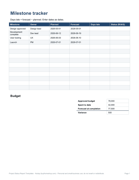 Preview of the first page of Status dashboard (XLSX)