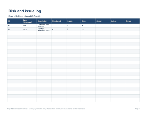 Preview of the first page of Risk & issue log (XLSX)