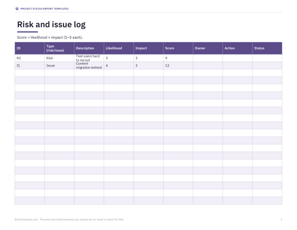Preview of Risk and Issue Log Template