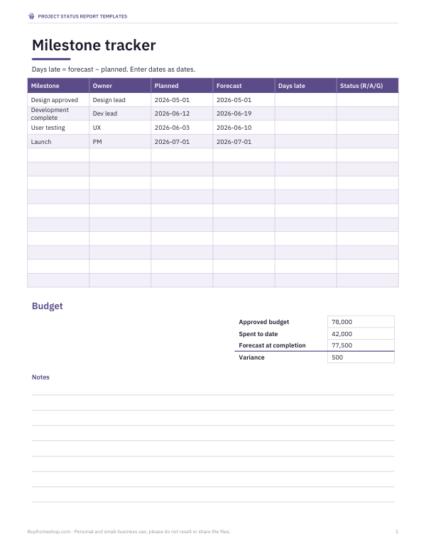 Preview of Printable Status Dashboard