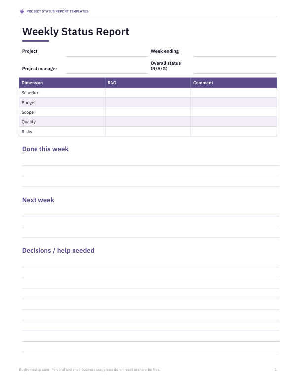 Preview of Weekly Project Status Report Template